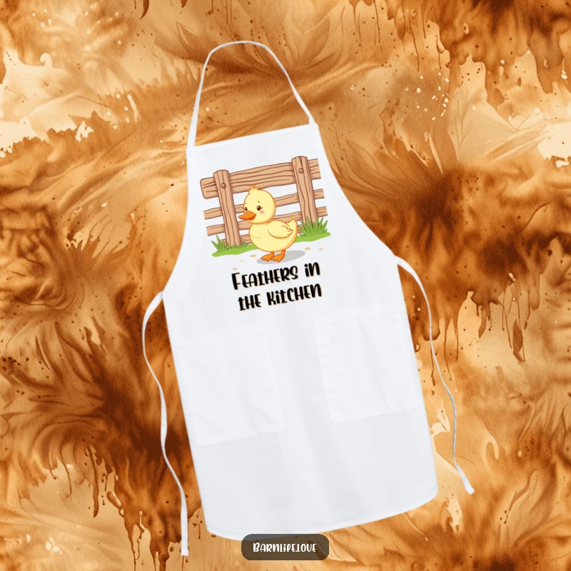 Funny duckling apron showing a happy baby duck waddling near a wooden farm fence, keeping clothes clean with cheerful farm style.