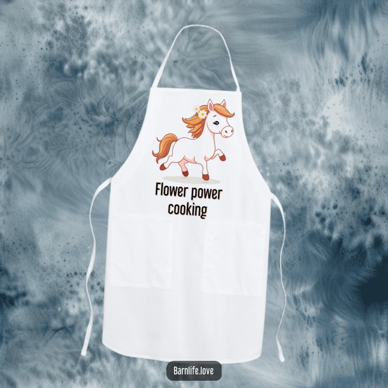 Funny horse trotting apron featuring a spirited horse with a daisy in its mane, ideal for kitchen fun.