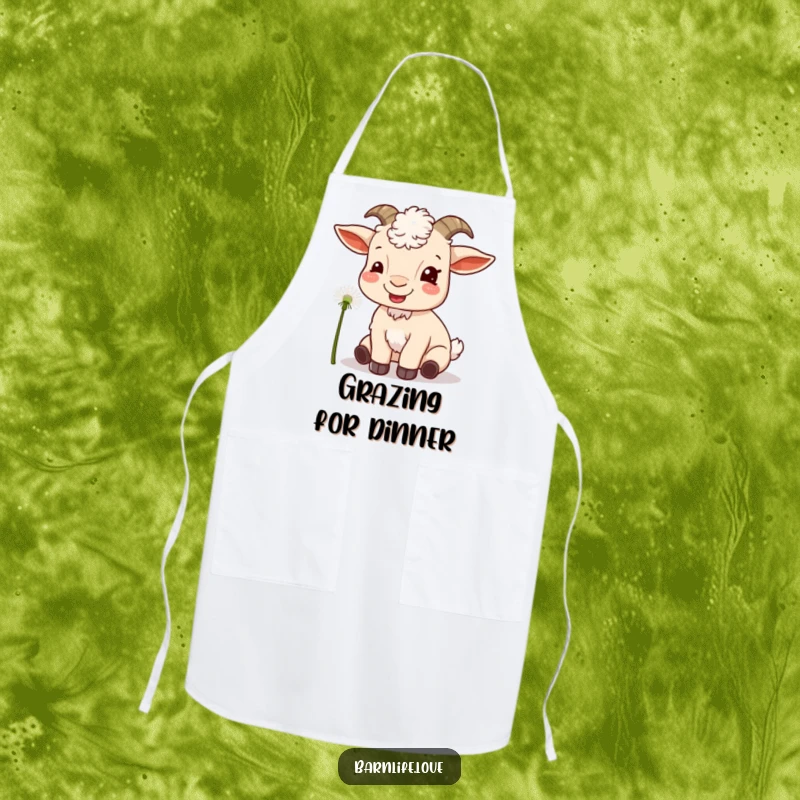 Funny goat munching apron featuring a content goat eating a dandelion, ideal for kitchen fun and protection.