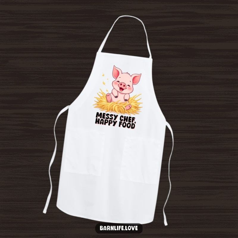 Funny Apron with a happy piglet rolling in hay, kicking up dust, adding farm-fresh humor and practicality to the kitchen.