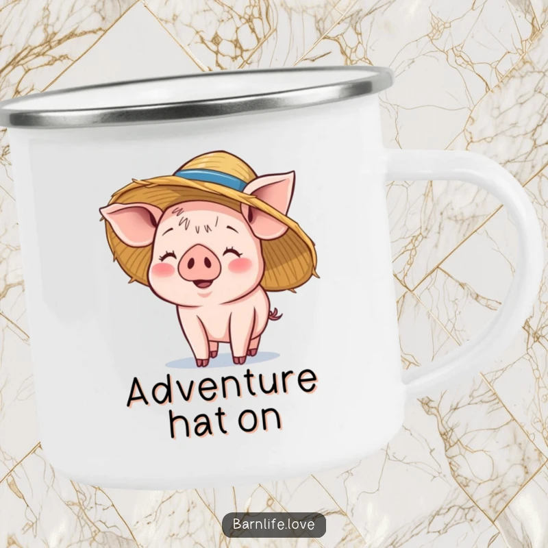 Funny piglet camping mug, durable and enamel, featuring a smiling baby pig wearing a straw hat for cheerful outdoor beverage enjoyment.