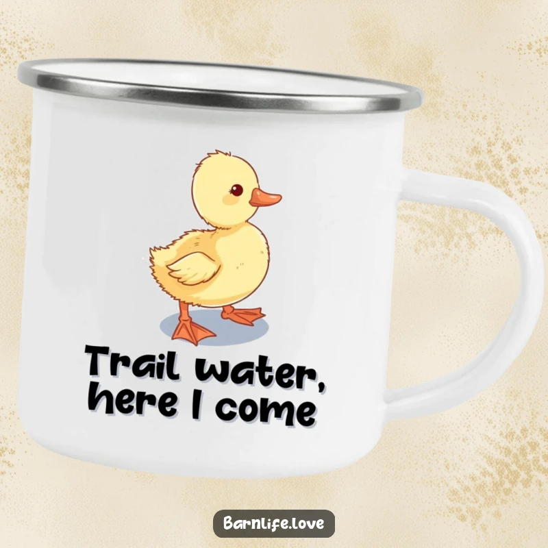 Funny Camping Mug showcasing a curious duckling waddling towards a shiny water trough, ideal for humorous outdoor beverage enjoyment.