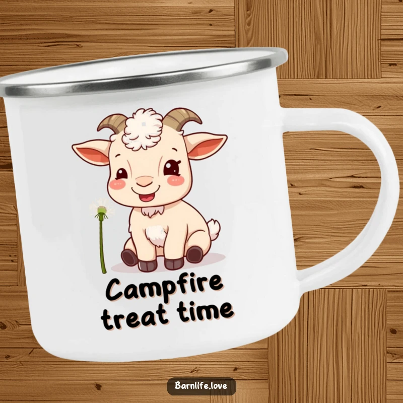Funny goat munching camping mug featuring a content goat eating a dandelion, perfect for outdoor enjoyment.