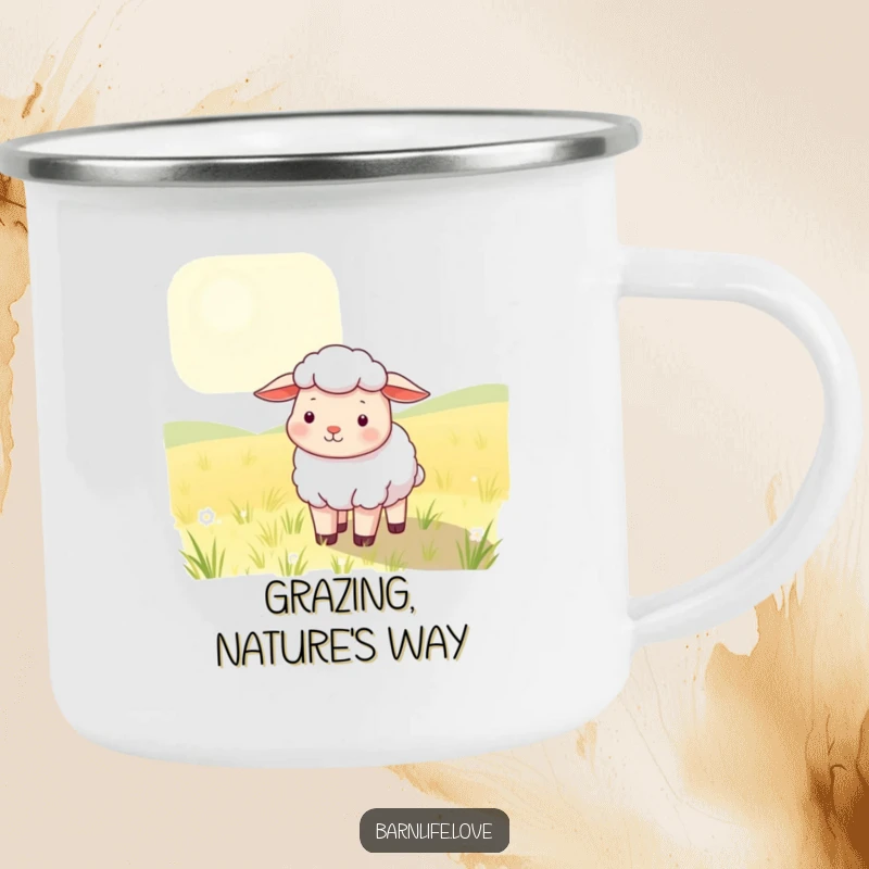 Funny Camping Mug showcasing a contented sheep grazing in a sunlit field, ideal for humorous outdoor relaxation.