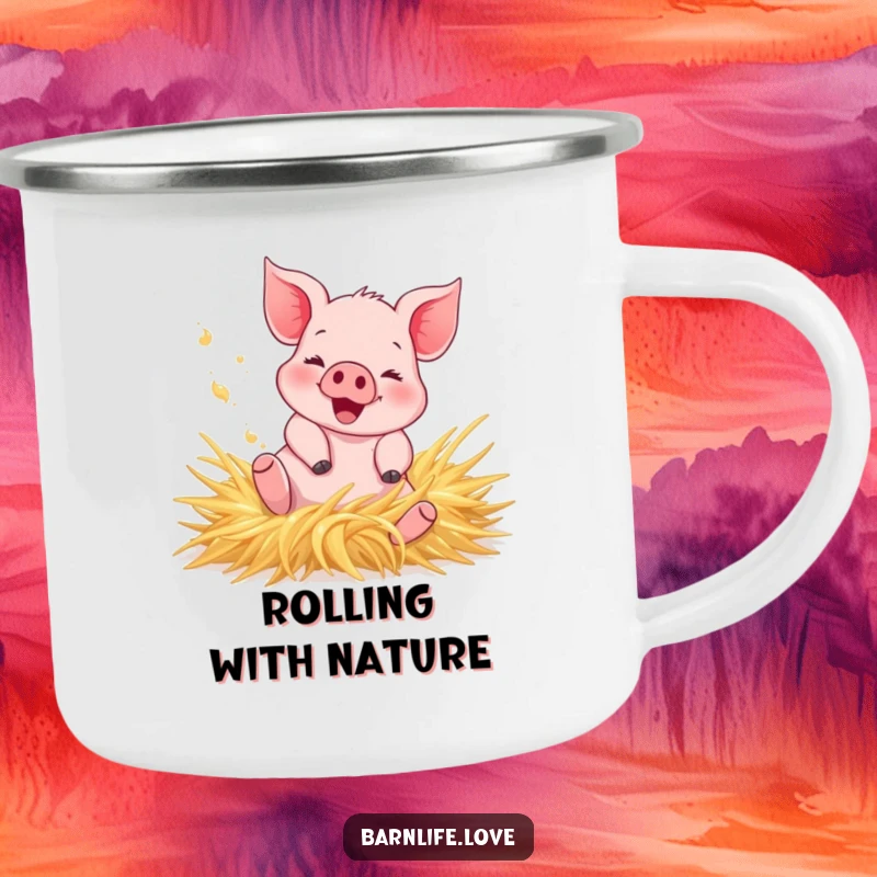 Funny Camping Mug showcasing a happy piglet rolling in hay, kicking up dust, ideal for humorous outdoor beverage enjoyment.
