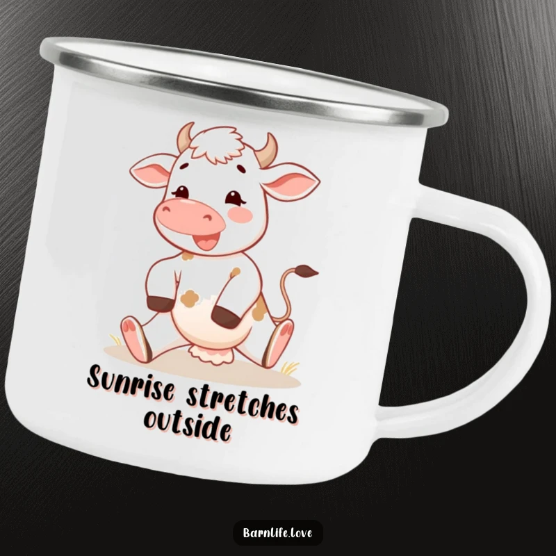 Funny calf camping mug, durable and cheerful, featuring a young cow stretching in the morning sun for delightful outdoor drinks.
