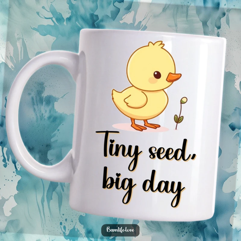 Funny duckling waddling mug featuring a cheerful baby duck with a tiny seed, radiating pure cuteness.