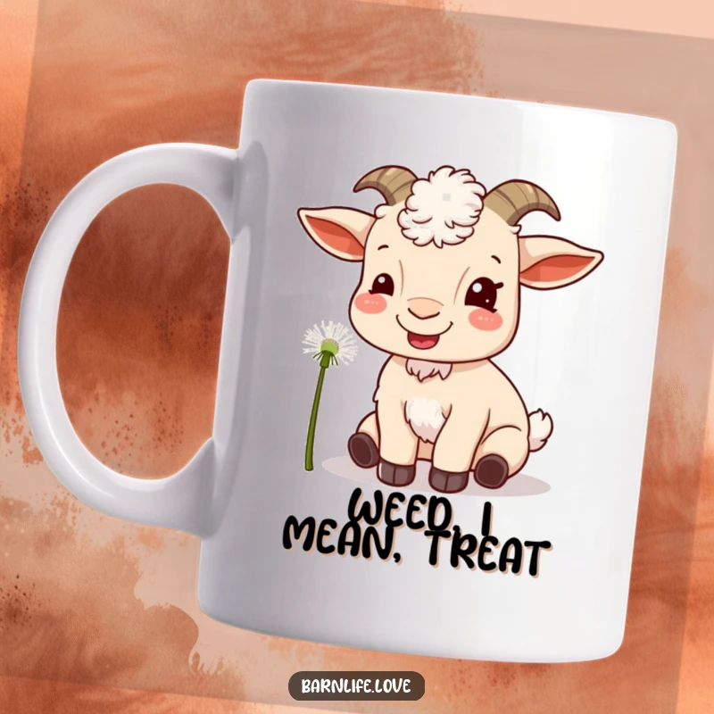 Funny goat munching mug featuring a happy goat eating a dandelion, bringing farmyard cheer.