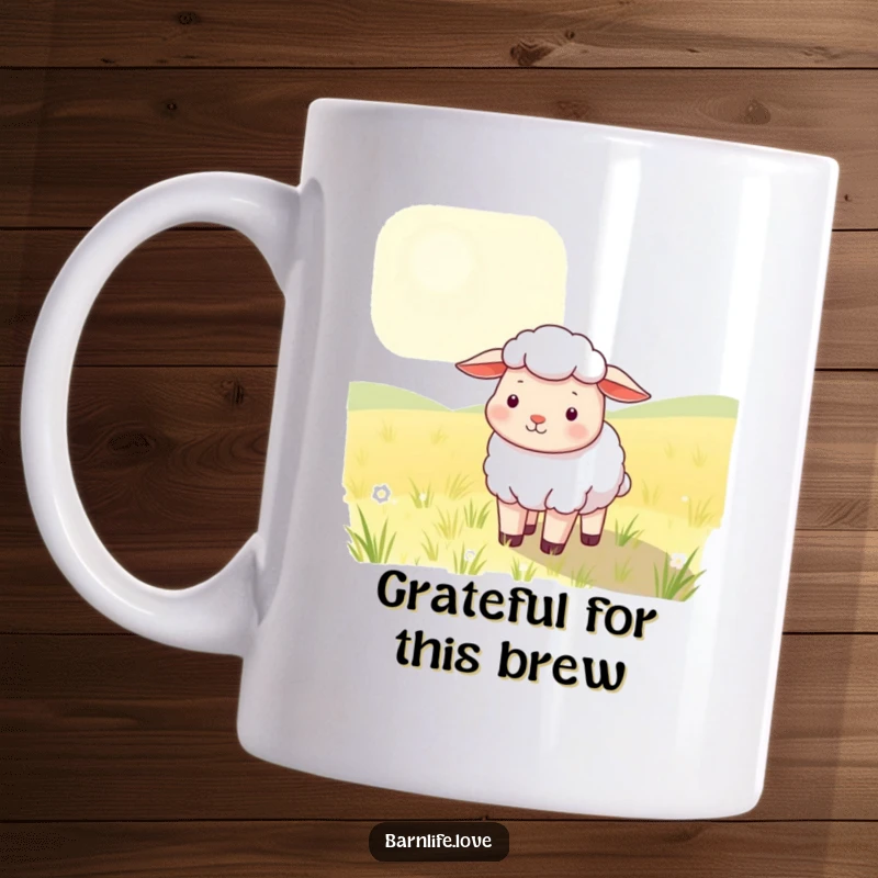 Funny Mug featuring a contented sheep with soft wool grazing peacefully in a sunlit field, evoking calm and farm charm.