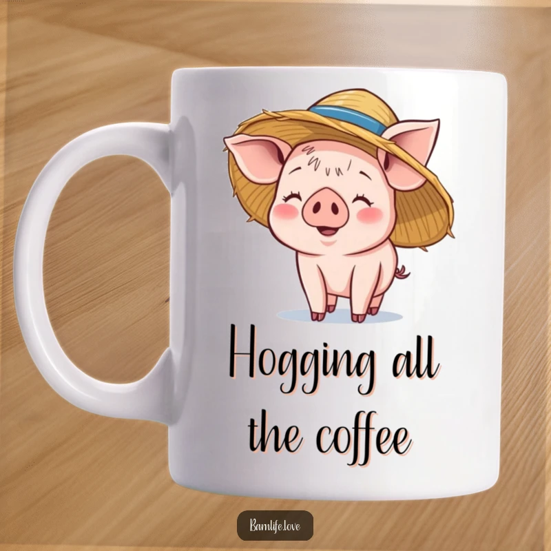 Funny piglet mug with a smiling baby pig wearing a straw hat, exuding happiness and farmstead fun, perfect for sipping beverages.