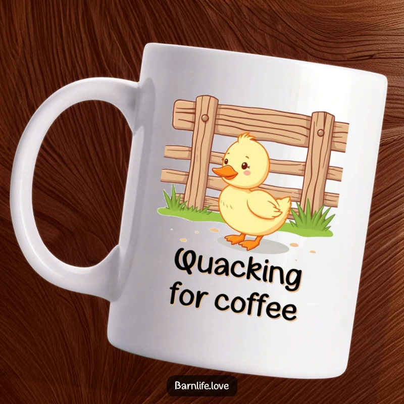 Funny duckling mug featuring a happy baby duck waddling cheerfully near a rustic wooden farm fence, embodying pure farm delight.