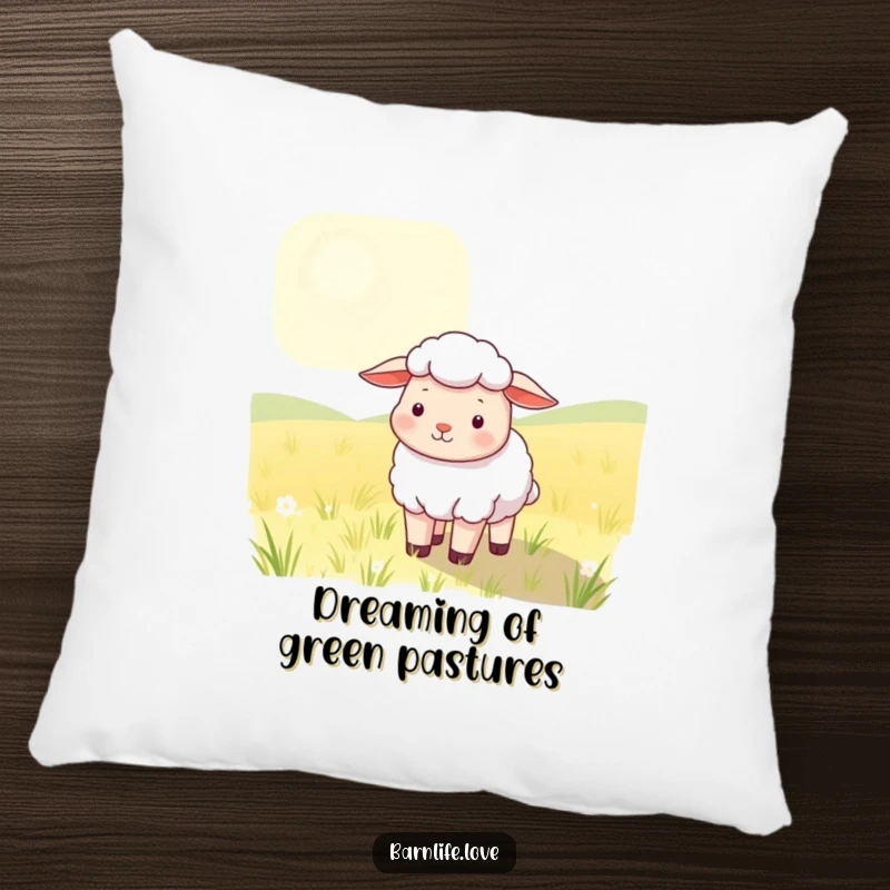 Funny Pillow featuring a contented sheep grazing in a sunlit field, offering soft, humorous farm-themed comfort and decor.