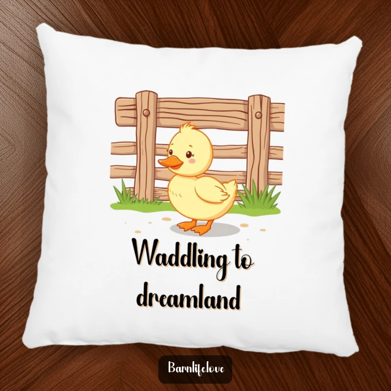 Funny duckling pillow featuring a happy baby duck waddling near a wooden farm fence, offering soft comfort and charming farm-themed decor.