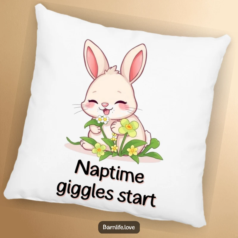 Funny giggling bunny pillow showing a joyful rabbit nibbling clover, offering soft comfort and cute style.