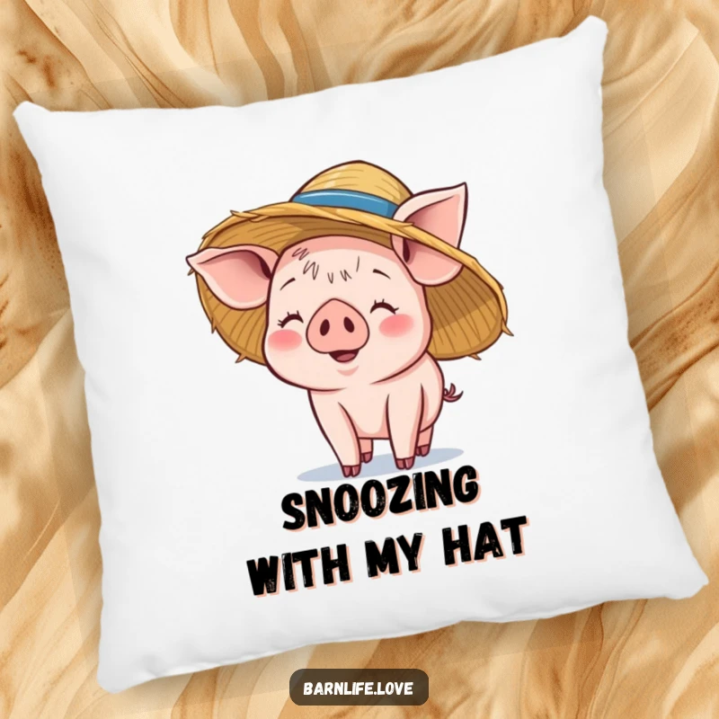 Funny piglet pillow featuring a smiling baby pig balancing a straw hat on its head, offering soft comfort and adorable farm-themed decor.