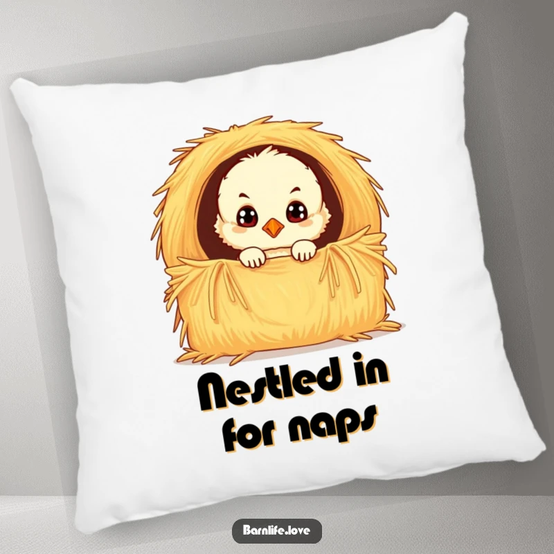 Funny chick pillow showcasing a fluffy baby bird with wide, curious eyes peeking from a hay bale, providing a soft and charming decorative accent.