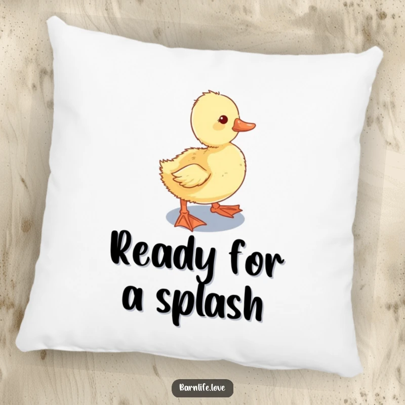Funny Pillow featuring a curious duckling waddling towards a shiny water trough, offering soft, humorous farm-themed comfort and decor.