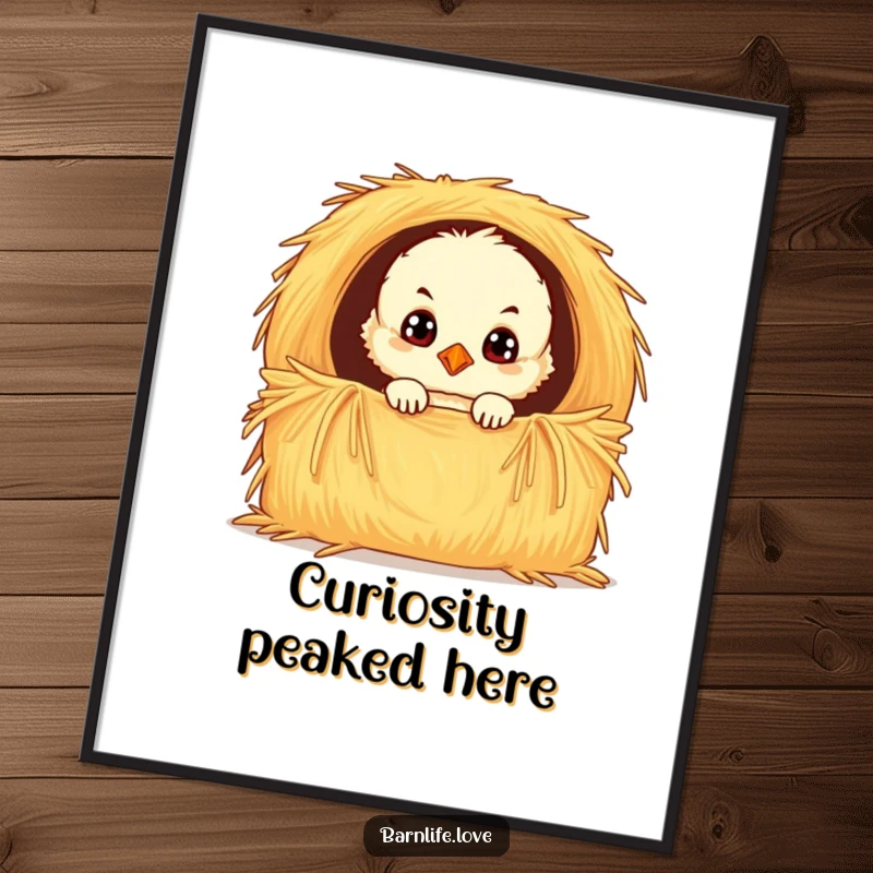 Funny chick digital art print of a fluffy baby bird with wide, curious eyes peeking from a hay bale, ideal for charming wall decor downloads.