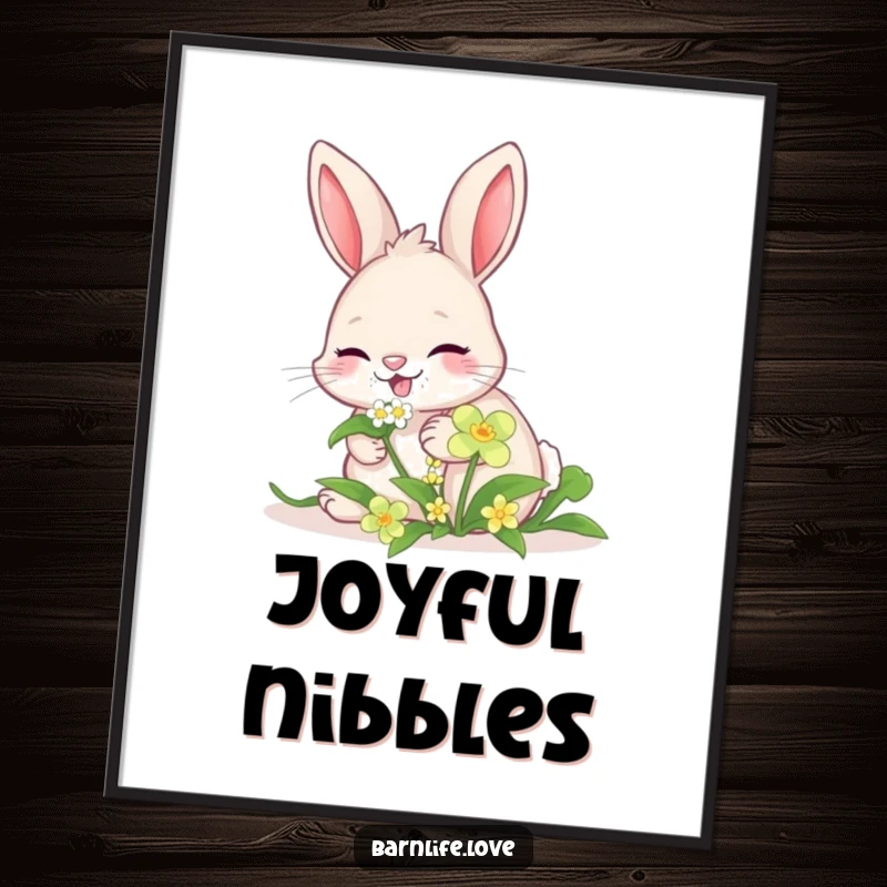 Funny giggling bunny digital art print of a happy rabbit nibbling clover, ready for instant download.