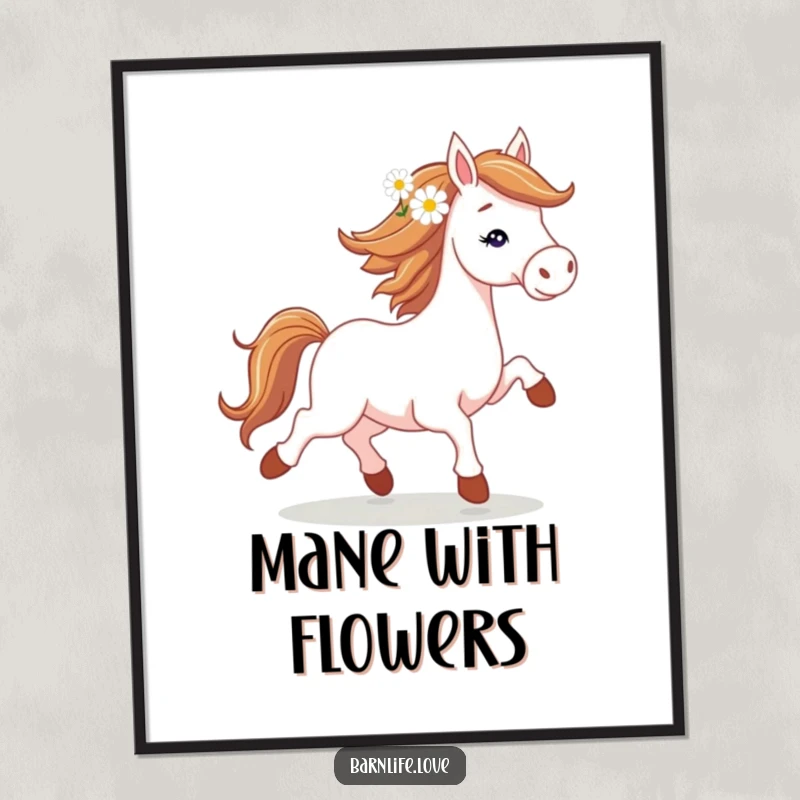 Funny horse trotting digital art print of a spirited horse with a daisy, perfect for instant download.