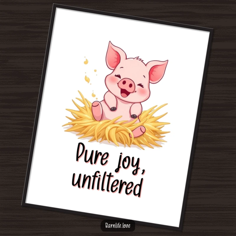Funny Digital Art Print: a happy piglet joyfully rolling in fresh hay, kicking up dust, creating whimsical and humorous farm-themed wall decor.