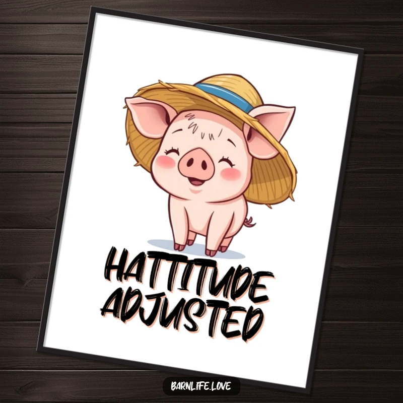 Funny piglet digital art print of a smiling baby pig wearing a straw hat, ideal for cheerful, farm-themed wall decor downloads.