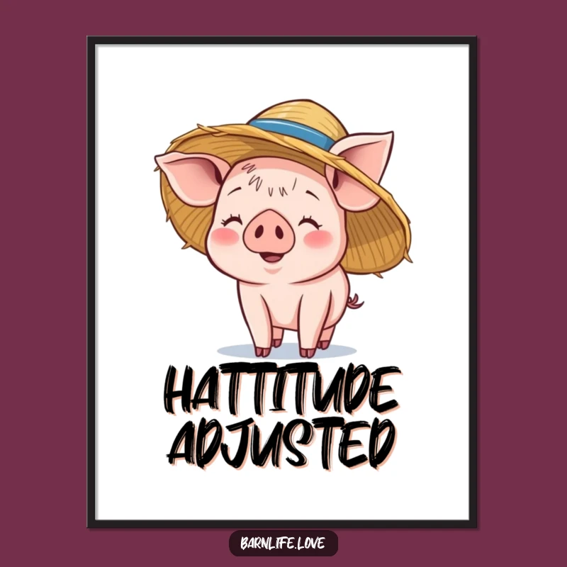 Funny Piglet Digital Art: Smiling Farm Animal Wall Decor, Straw Hat Instant Print
