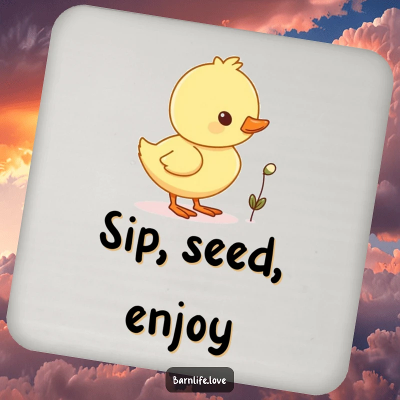 Funny duckling waddling coasters showing a cheerful baby duck with a tiny seed, protecting surfaces with cute humor.