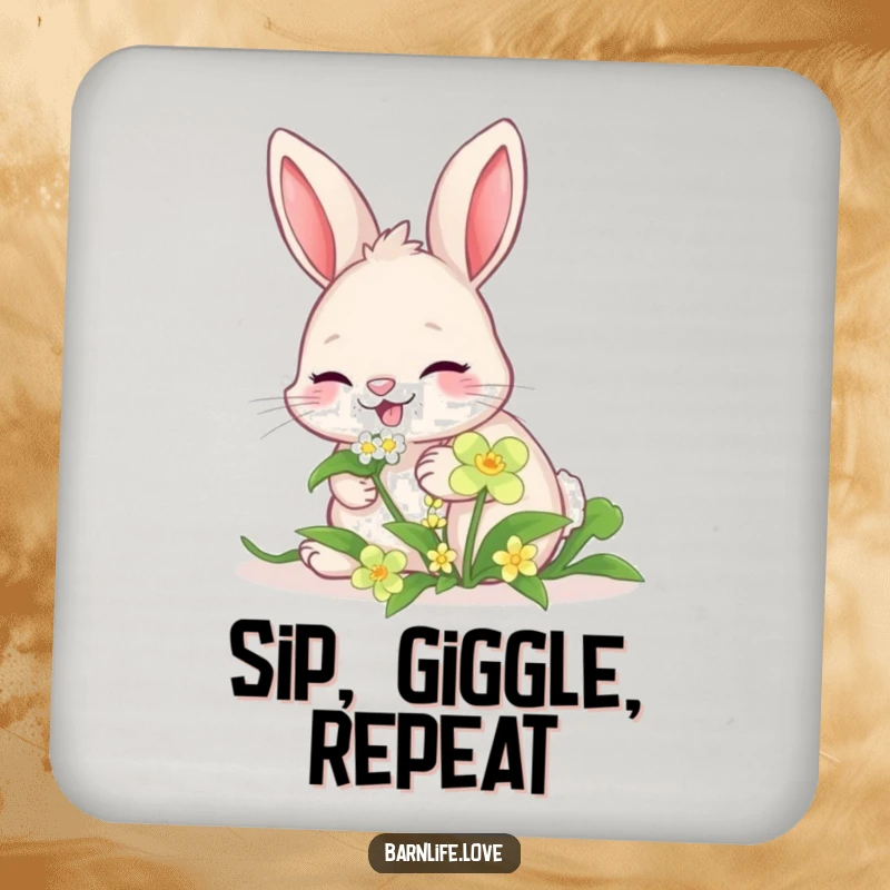 Funny giggling bunny coasters showing a happy rabbit nibbling clover, protecting surfaces with adorable style.