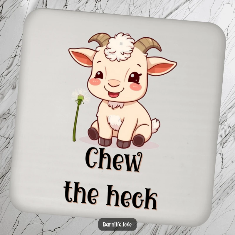 Funny goat munching coasters showing a content goat eating a dandelion, protecting surfaces with farm humor.