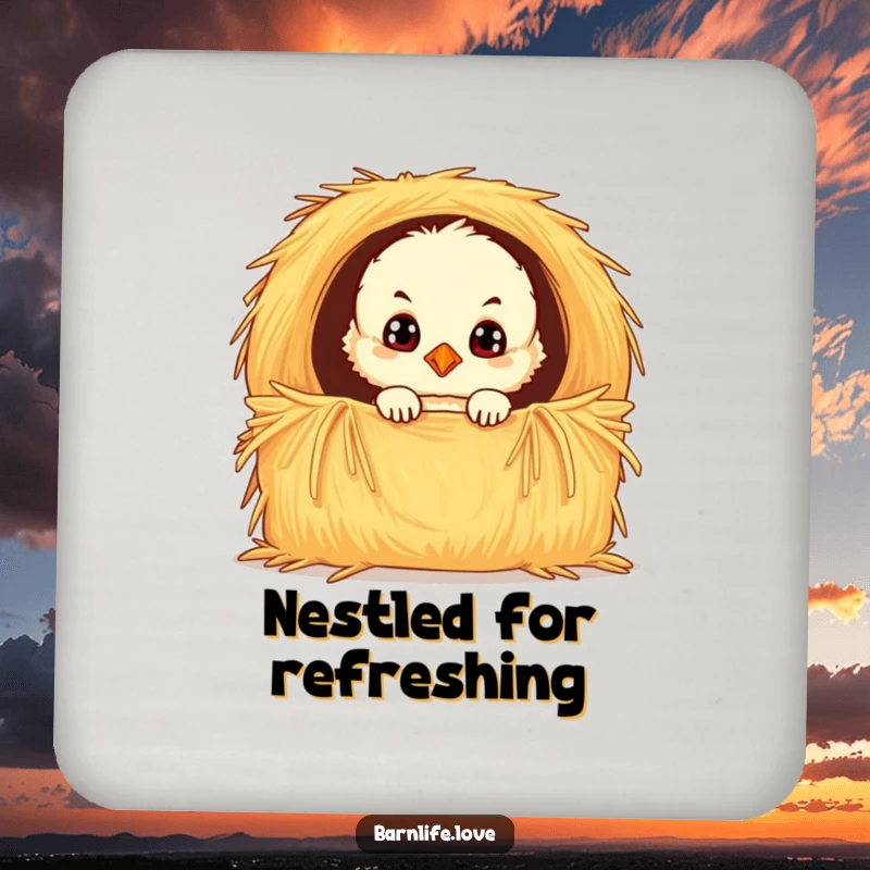 Funny chick coasters featuring a fluffy baby bird with wide, curious eyes peeking from a hay bale, offering stylish protection for drink surfaces.