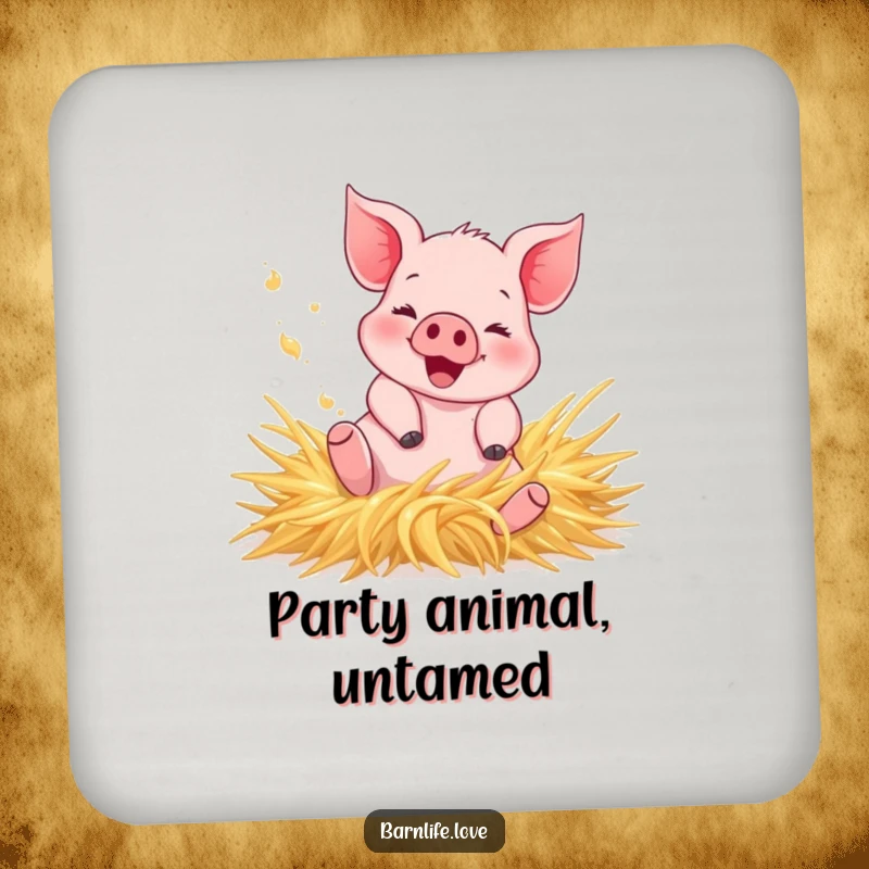 Funny Drink Coaster with a happy piglet rolling in hay, kicking up dust, offering charming farm-themed protection for tables.