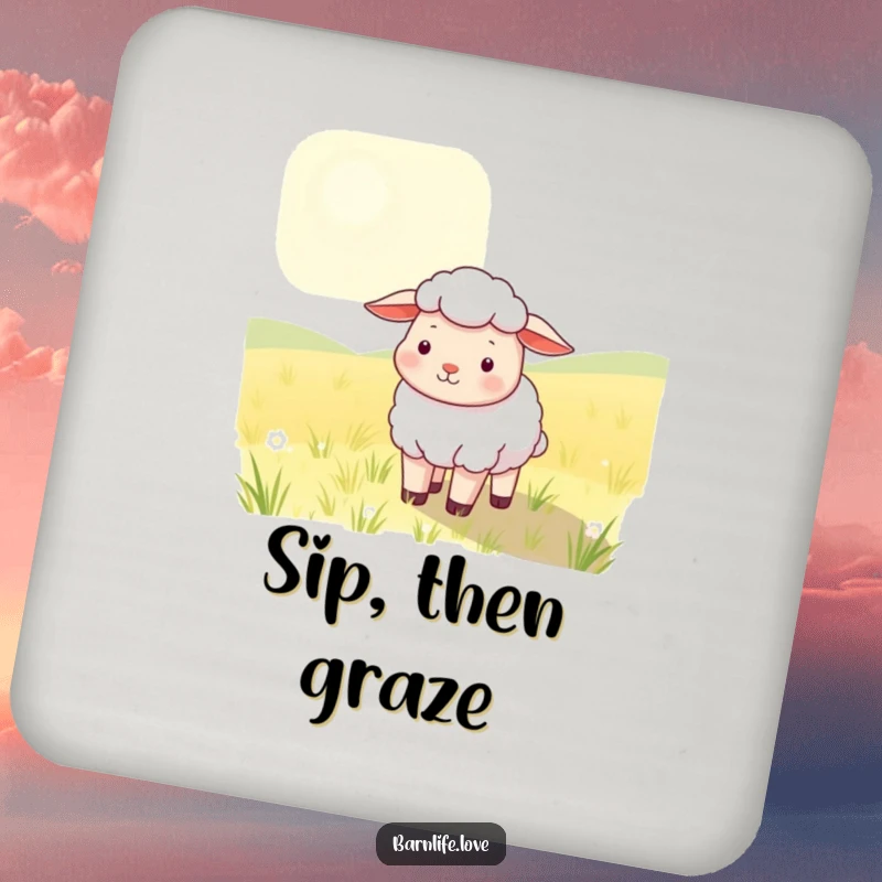 Funny Drink Coaster with a contented sheep grazing in a sunlit field, offering charming farm-themed protection for tables.