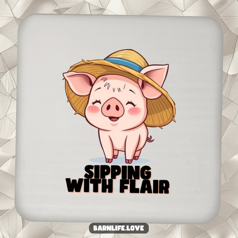 Funny piglet coasters featuring a smiling baby pig balancing a straw hat on its head, offering stylish protection for drink glasses.