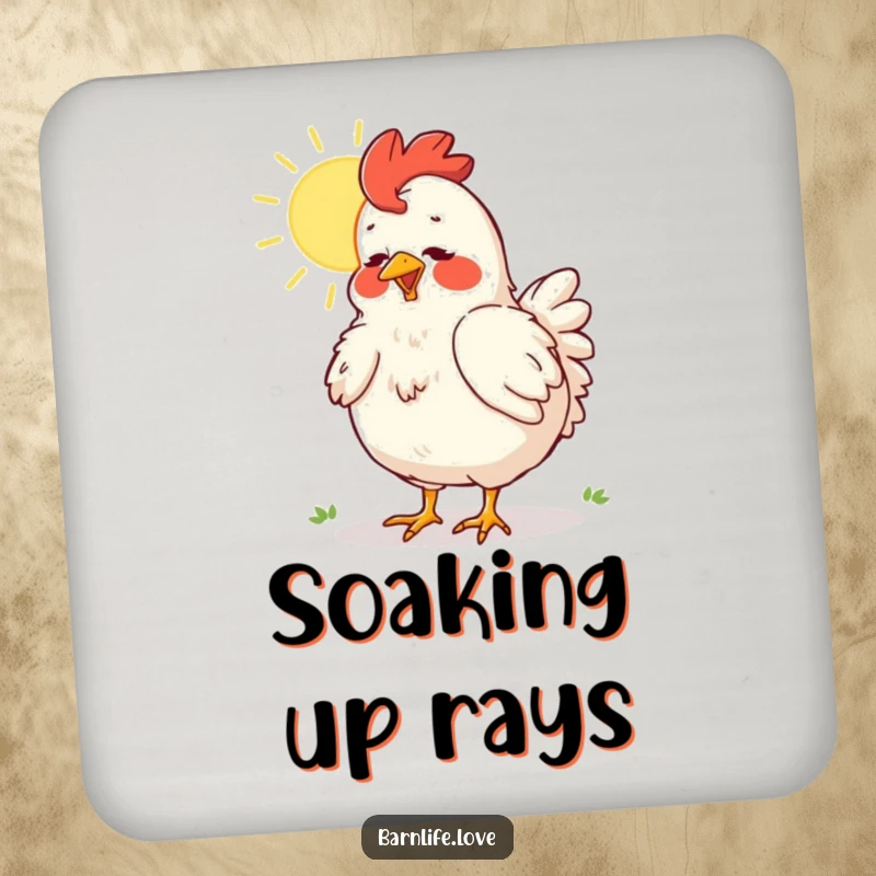 Funny chicken coasters showing a content hen dusting its feathers in the sun, protecting surfaces with humor.