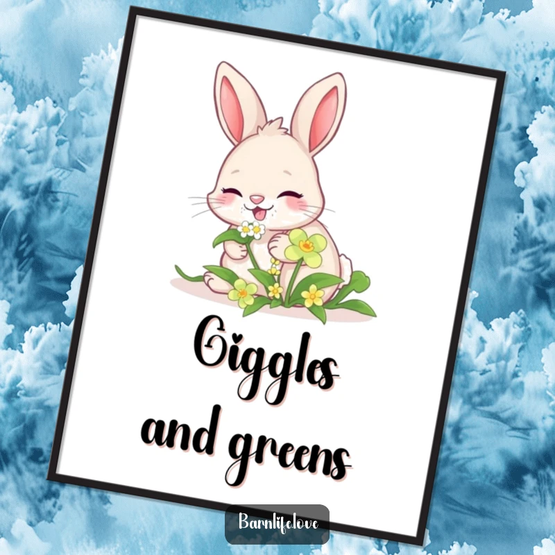 Funny giggling bunny poster featuring a happy rabbit nibbling clover, adding cheerful wall art.