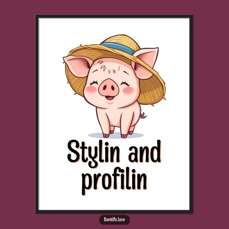 Funny Piglet Poster: Smiling Farm Animal Art, Straw Hat Charm, Wall Decor