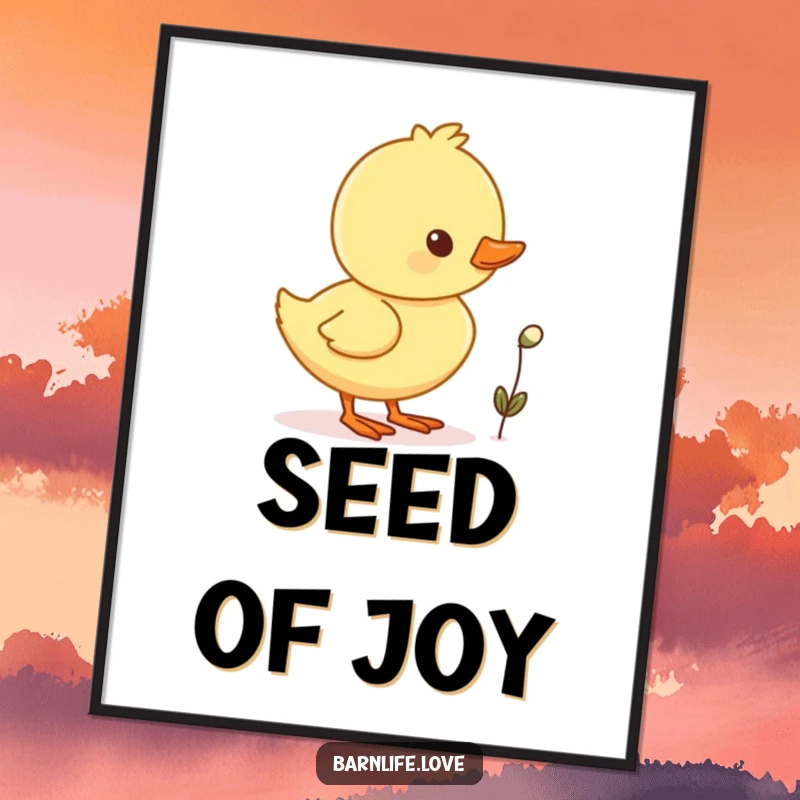 Funny duckling waddling poster featuring a cheerful baby duck with a tiny seed, adding adorable wall art.