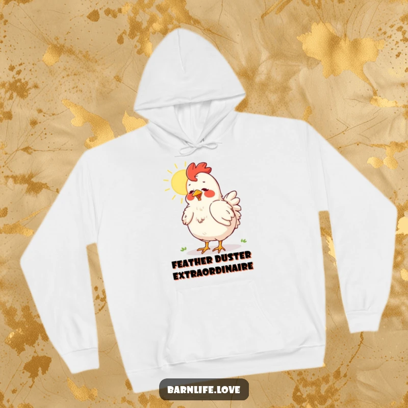 Funny chicken hoodie featuring a content hen basking in sunlight while dusting its feathers, a cozy and humorous sight.