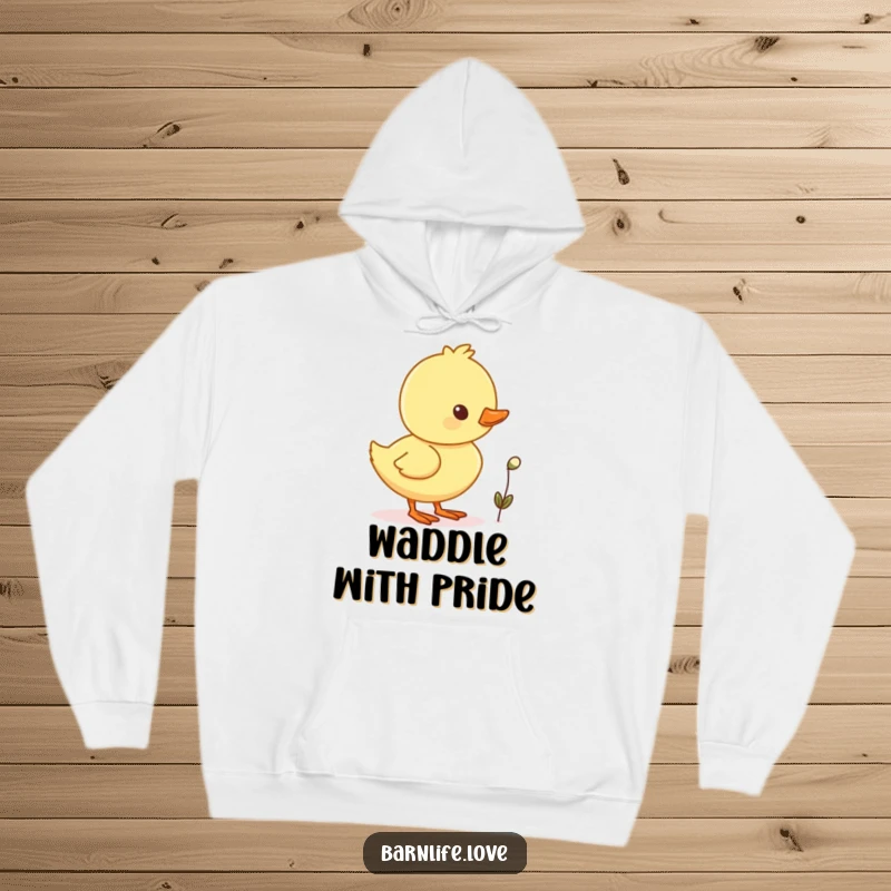 Funny duckling waddling hoodie featuring a cheerful baby duck with a tiny seed, providing warmth and cuteness.
