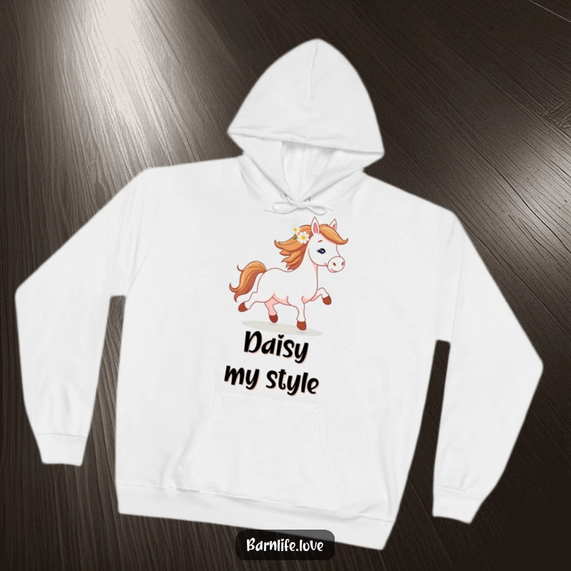 Funny horse trotting hoodie featuring a spirited horse with a daisy in its mane, cozy and humorous.