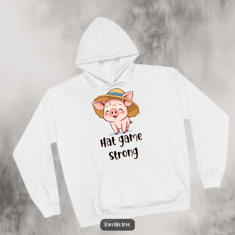 Funny piglet hoodie showcasing a smiling baby pig wearing a straw hat, providing warmth and adorably cheerful farm-inspired vibes.