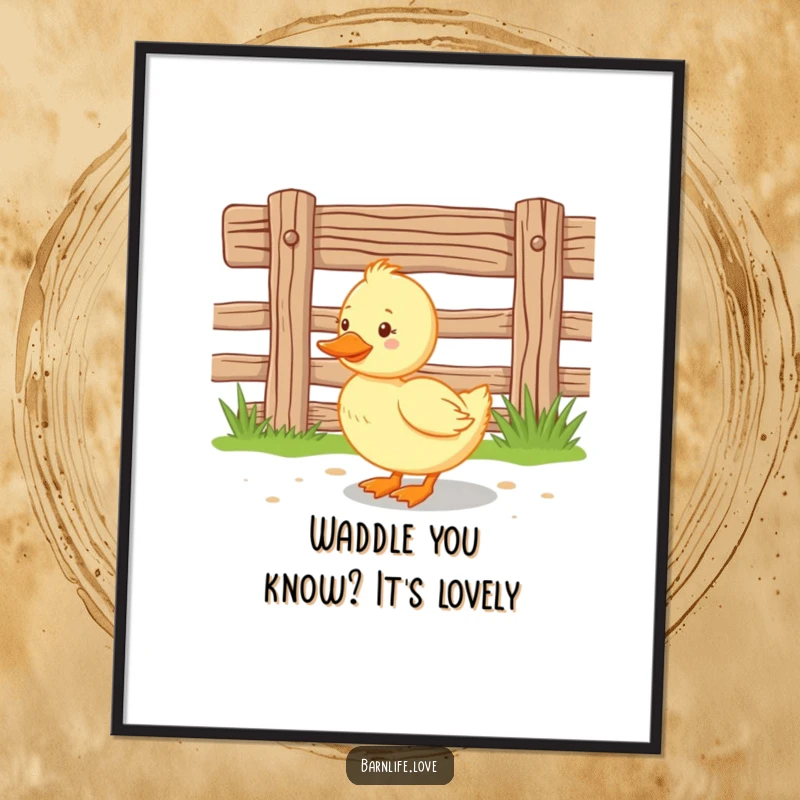 Funny free printable duckling wall art: Happy duckling waddling near a wooden farm fence, a cute and charming farm scene.
