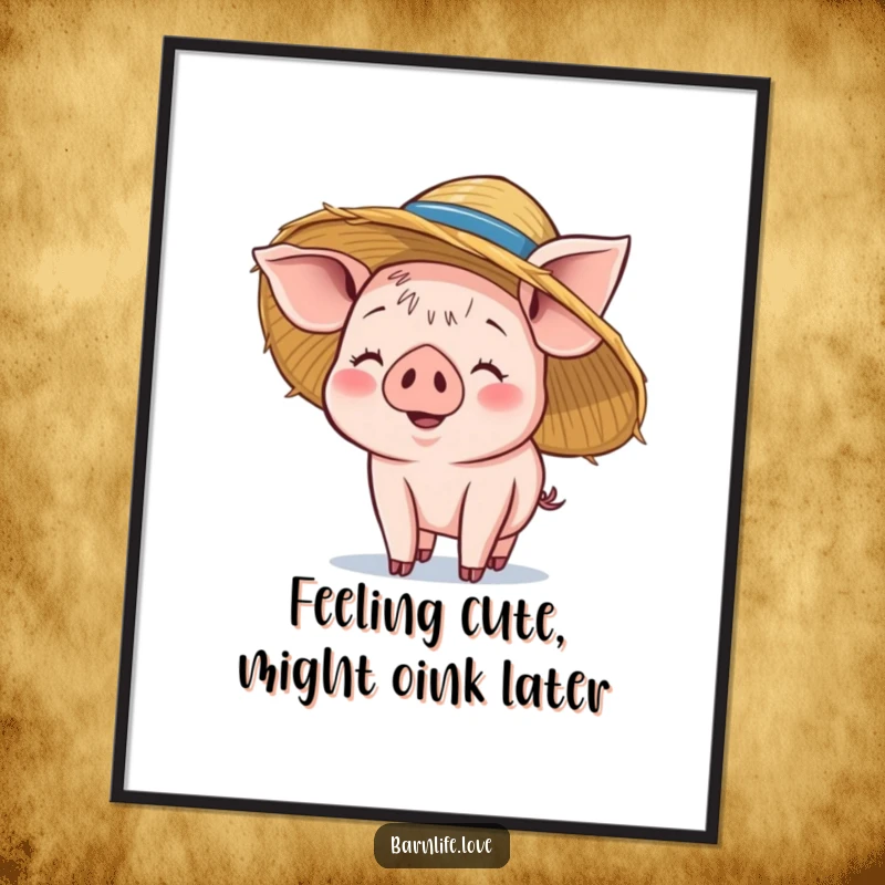 Funny free printable piglet wall art: Adorable smiling piglet wearing a straw hat, a delightful farm animal ready to brighten your decor.