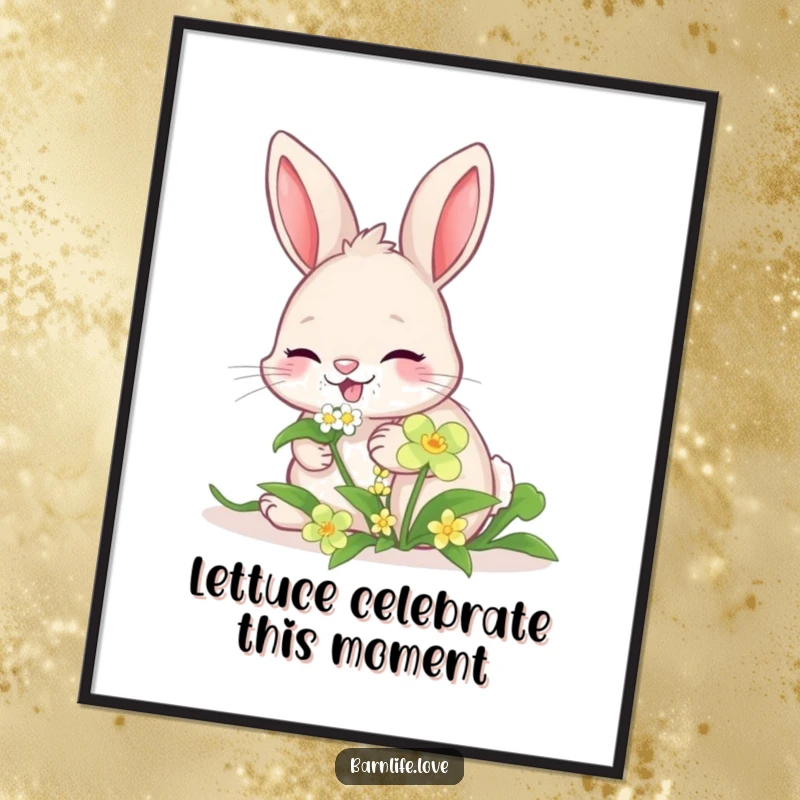 Cute Free Printable Wall Art of a giggling bunny happily nibbling on a sweet clover, adding charm to decor.