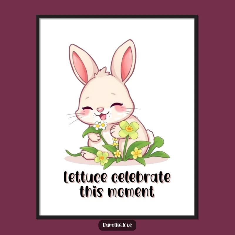 Free Printable Wall Art: Giggling Bunny Nibbling Clover, Adorable Downloadable Art