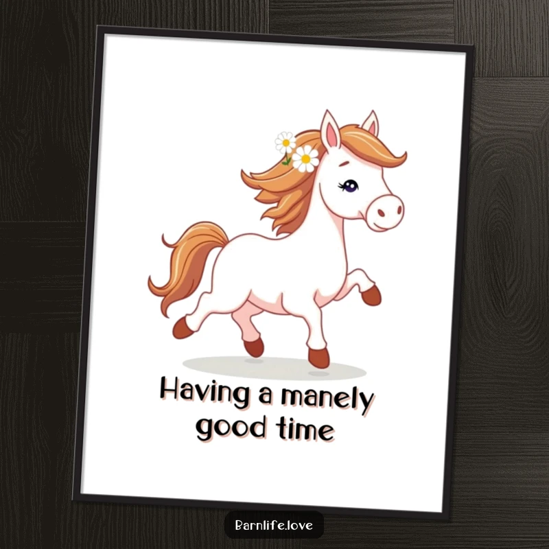 Free Printable Wall Art of a spirited horse trotting with a daisy in its mane, adding dynamic energy.