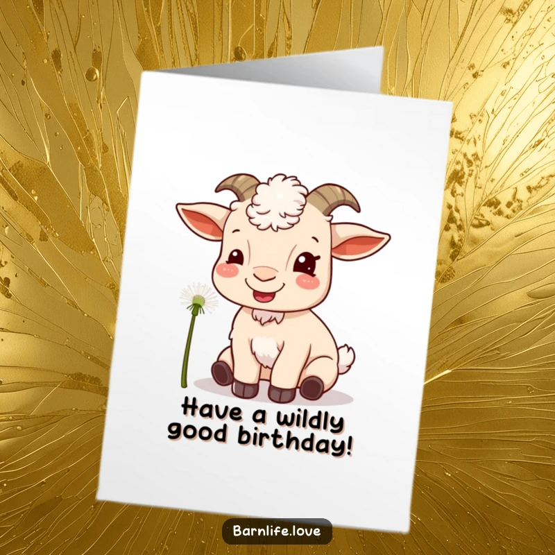 Funny Free Printable Birthday Card featuring a content goat happily munching on a dandelion, spreading birthday cheer.