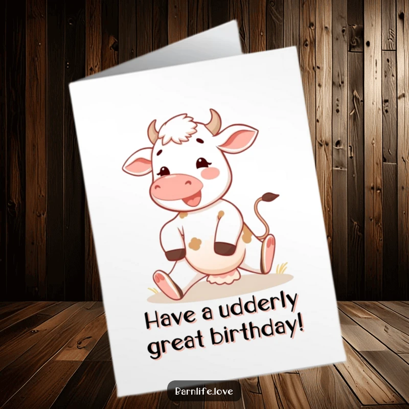 Funny free printable calf card: Cheerful calf stretching its legs in the warm morning sun, celebrating a birthday with farm energy.