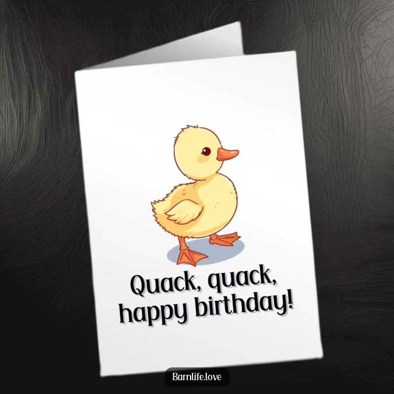 Funny Free Printable Duckling Birthday Card - Curious duckling waddling towards a shiny water trough, cute DIY downloadable.